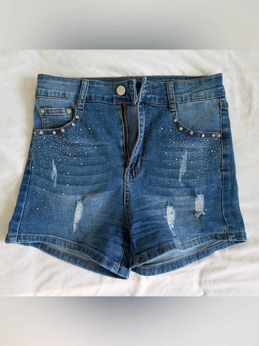Women's Blue Denim High-Rise Shorts with Stud Detail